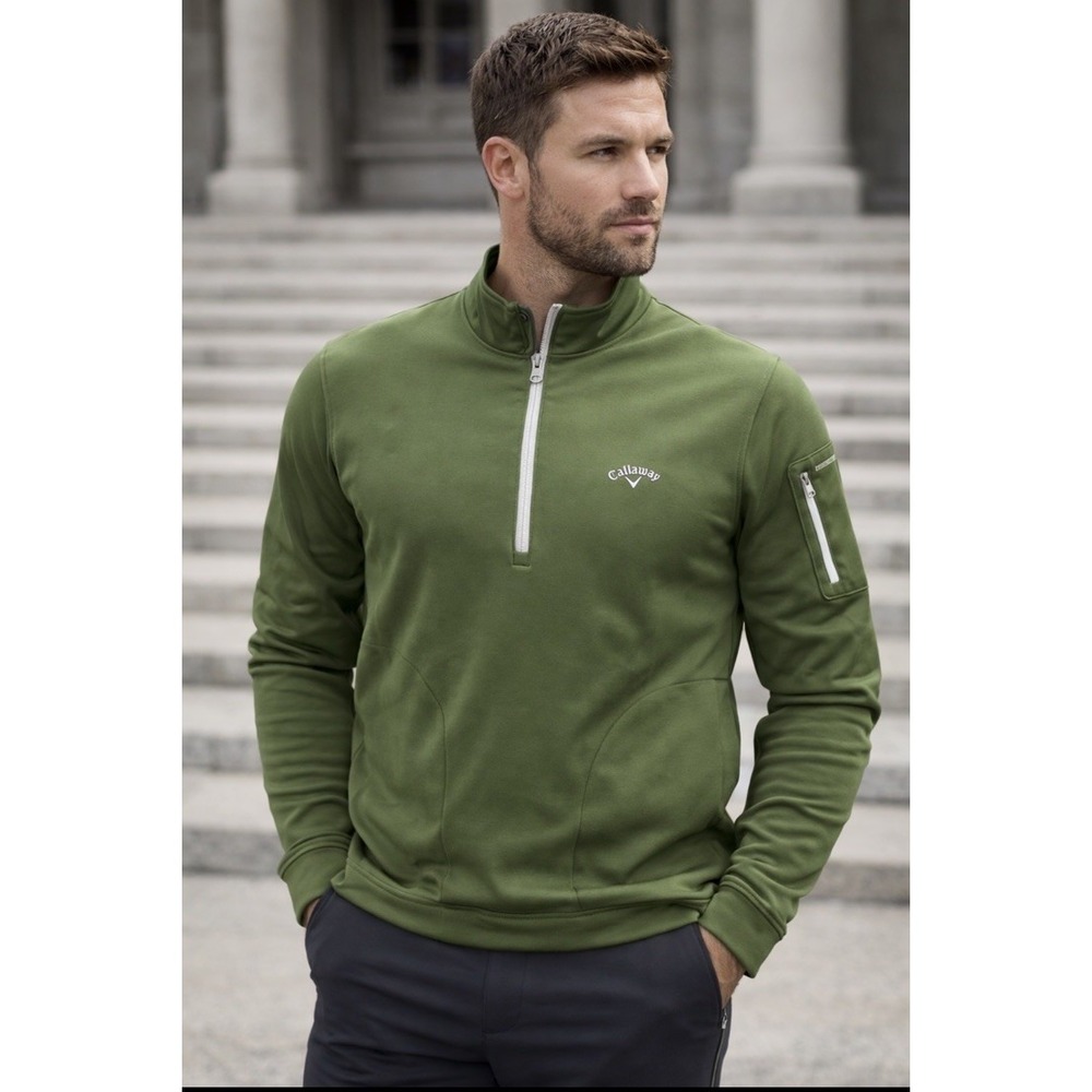 Callaway Sweater Mens Large Green Solid Quarter‎ Zip Performance Tech Golf NWOT